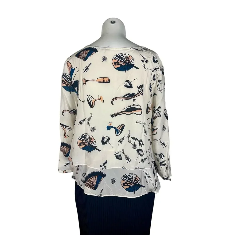 Maeve Anthropologie Women's Blouse Size 6 Cream Printed 100% Silk - Picture 2 of 5